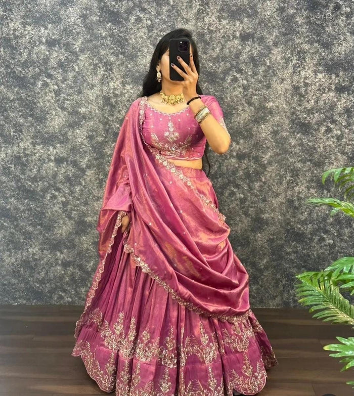Pink Fully Stitched Designer Embroidery Lehenga