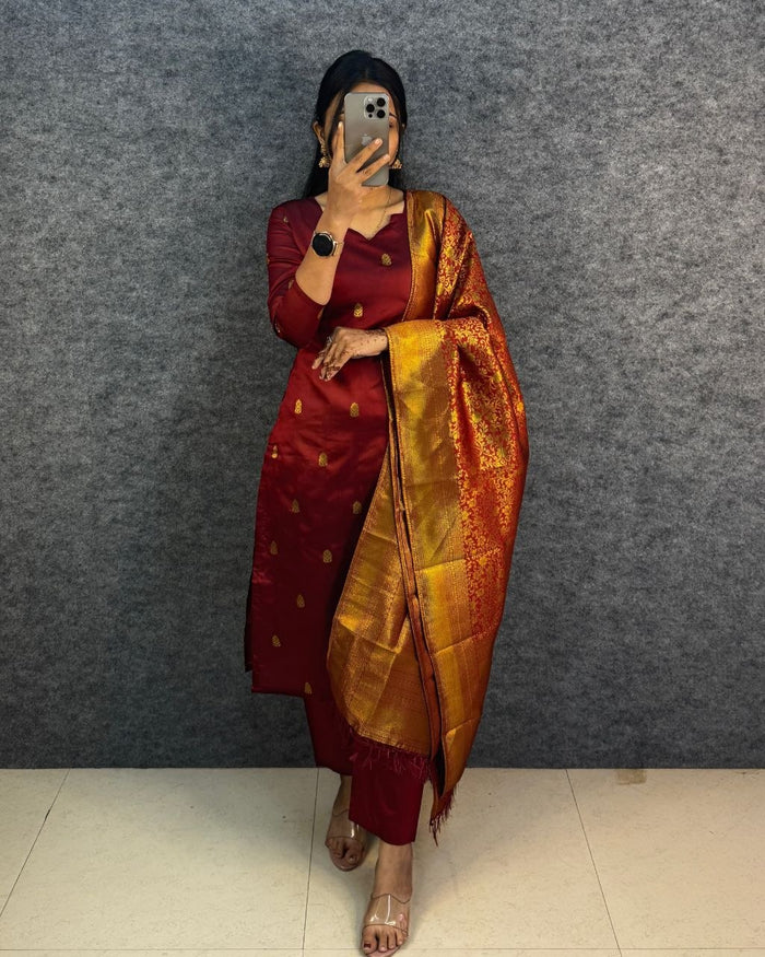 Banarasi Silk Kurti Set with Zari Work & Dupatta