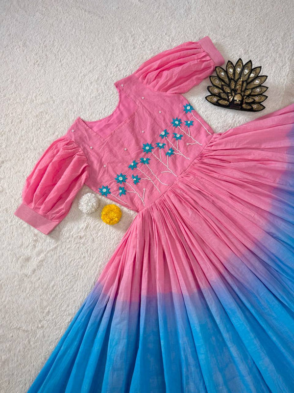 Trending Soft Mul Cotton Gown Dress with Pearl Handwork