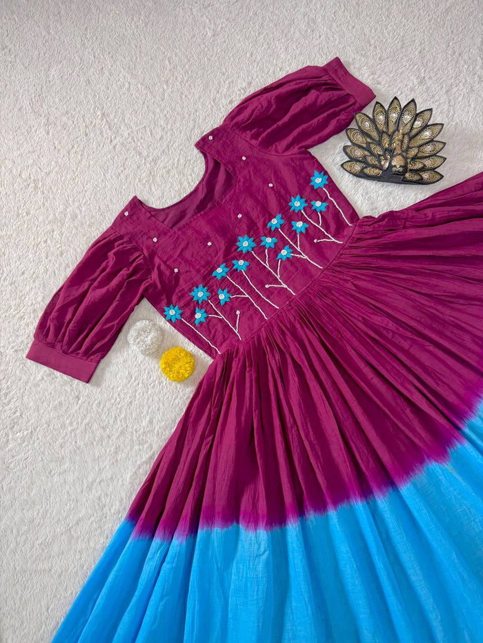 Trending Soft Mul Cotton Gown Dress with Pearl Handwork